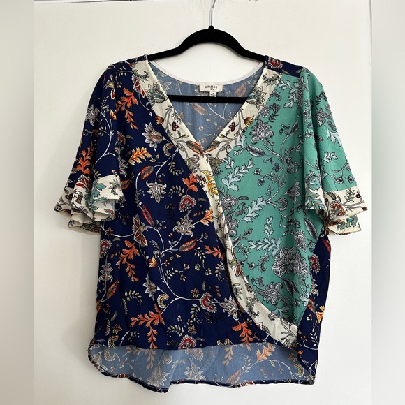 Mint Floral Ruffle Bell Sleeve V Neck Blouse Women’s Small Crossbody Relaxed Fit - Picture 1 of 15